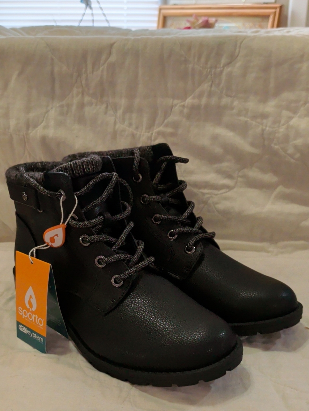 Sporto Black Lace-Up Faux Leather Ankle Boots with Knit Collar Size 8 Women's